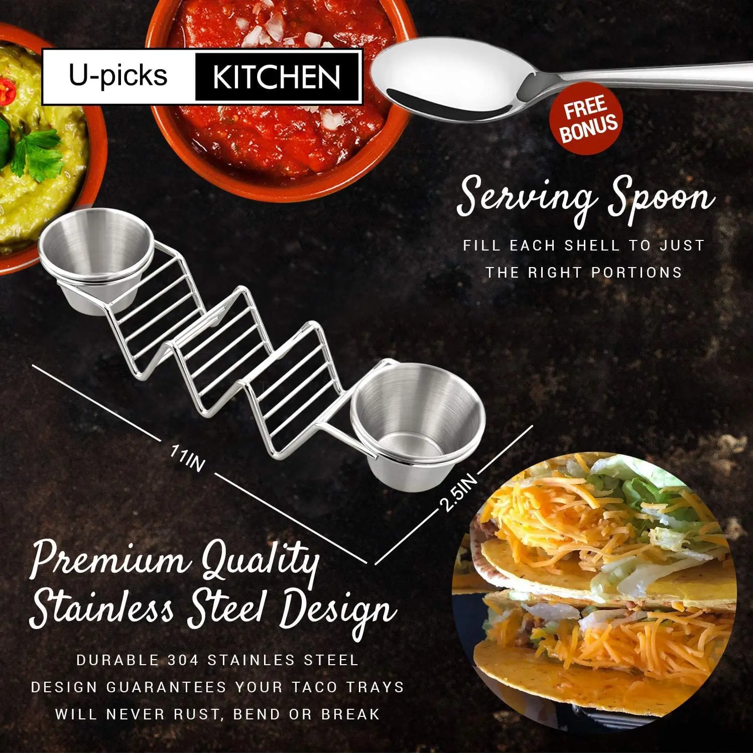 Stainless Steel Wave Shape Taco Holders Slots Kitchen Tableware Mexican Food Rack Double-Sided Seasoning Cups for Restaurant