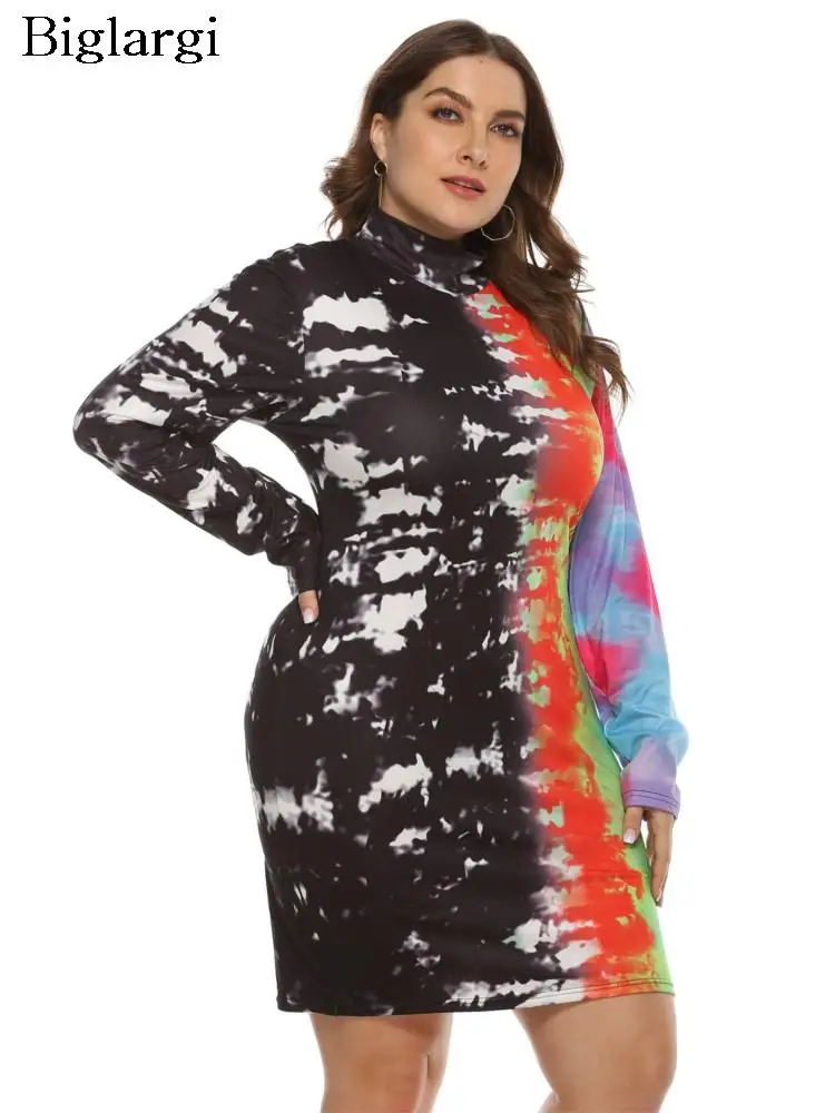 

Plus Size Autumn Pullover Midi Dress Women Rainbow Graffiti Print Long Sleeve Ladies Dresses Bodycon Fashion Woman Dress 2023