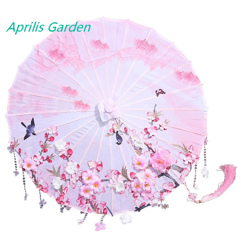 Silk Cloth Lace Umbrella for Women Costume Photography Props Tasseled Chinese Classical Oil-paper Parasol