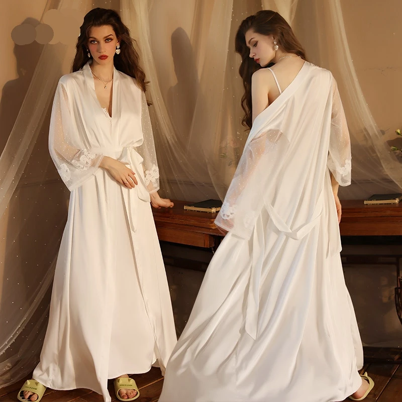 

Summer Rayon Lace Kimono Robe Patchwork Satin Sexy Sleepwear Lingerie Women Silk Long Nightgown Wedding Bridesmaid Robes