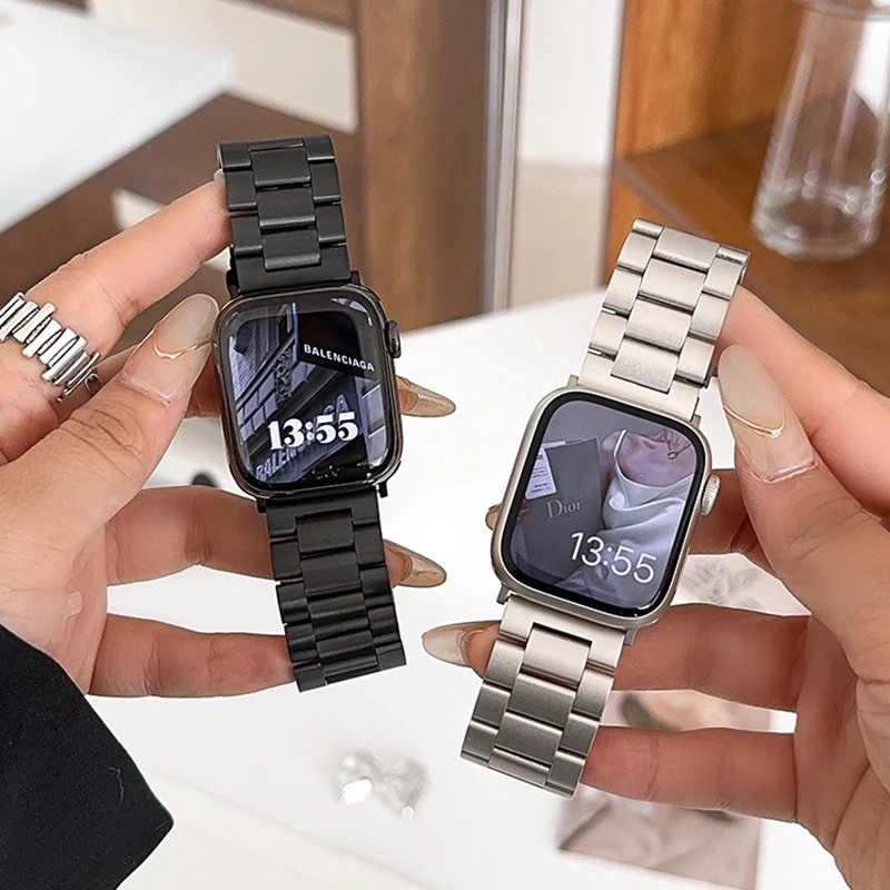 

Strap For Apple Watch 42mm 38 40 41 44 45 Ultra2 49mm Three Beads Stainless Steel Watchband for iWatch Series 9 SE 8 7 6 5 4 3