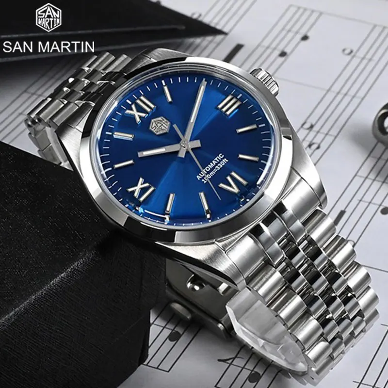 

San Martin New 38.5mm Luxury Men Dress Watch YN55 Roman Numeral Sunray Dial Classic Business Automatic Mechanical Sapphire 10Bar