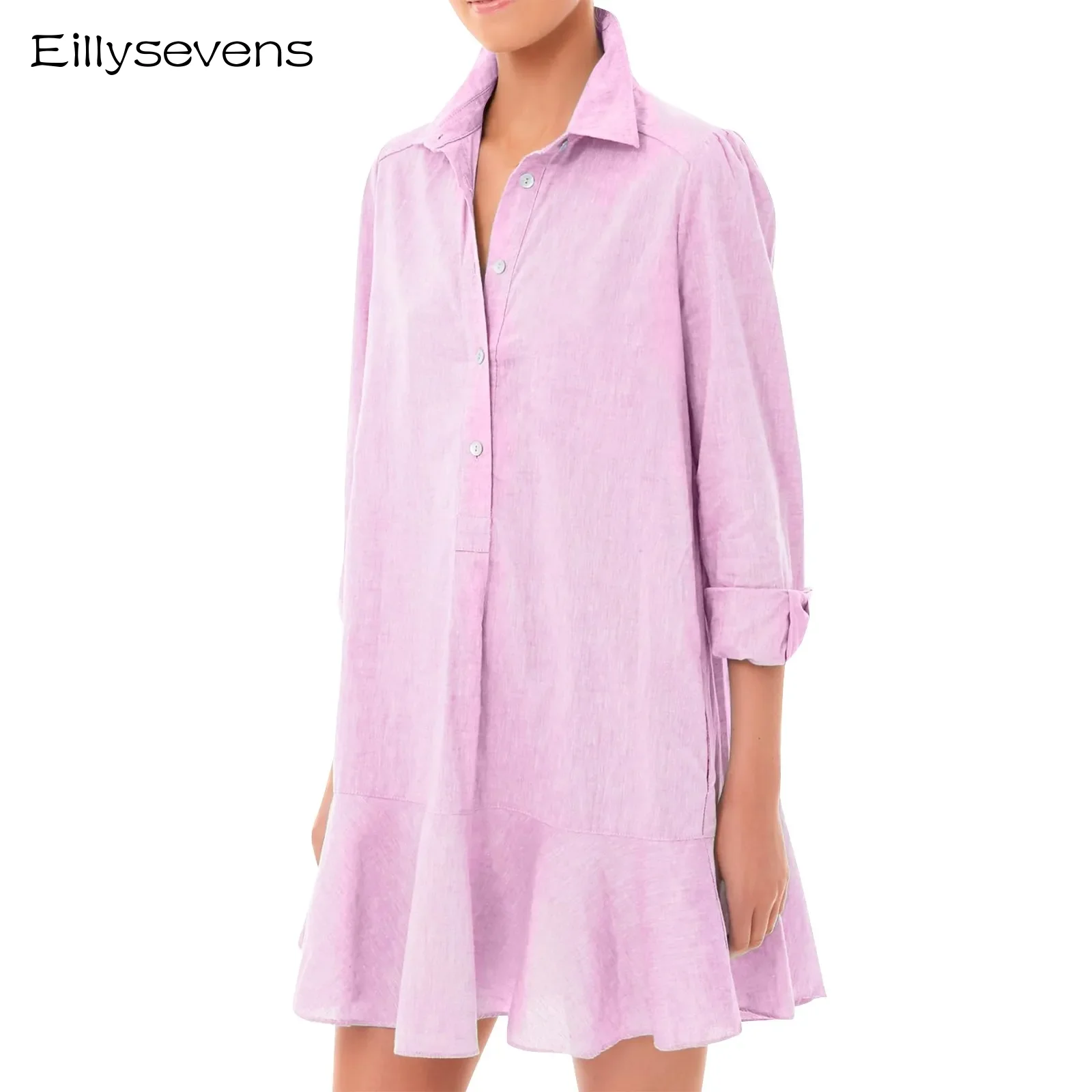 

Casual Loose Shirt Dress Women Summer Long Sleeve Lapel Vestidos Ladies Holiday Ruffles Hem Sundress Half Buttons Down Robe