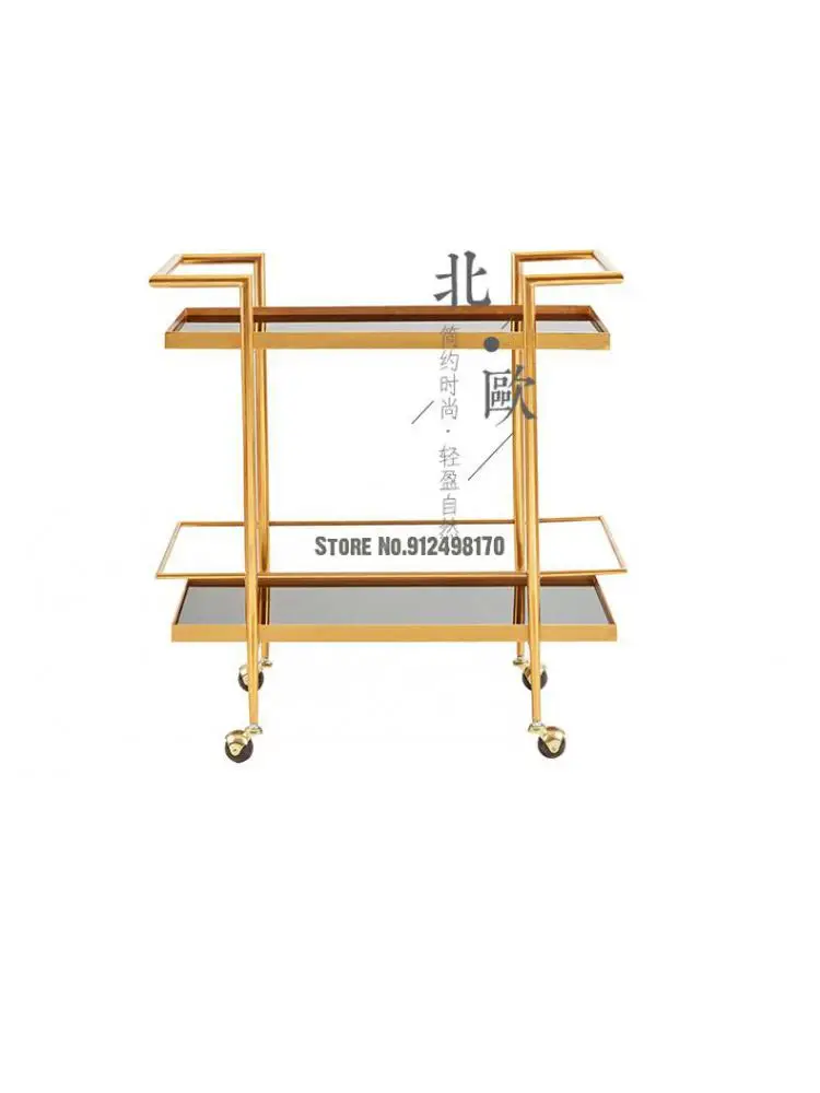 Nordic golden wrought iron dining car two-layer red wine and beverage racks metal storage hot pot shop mobile cart