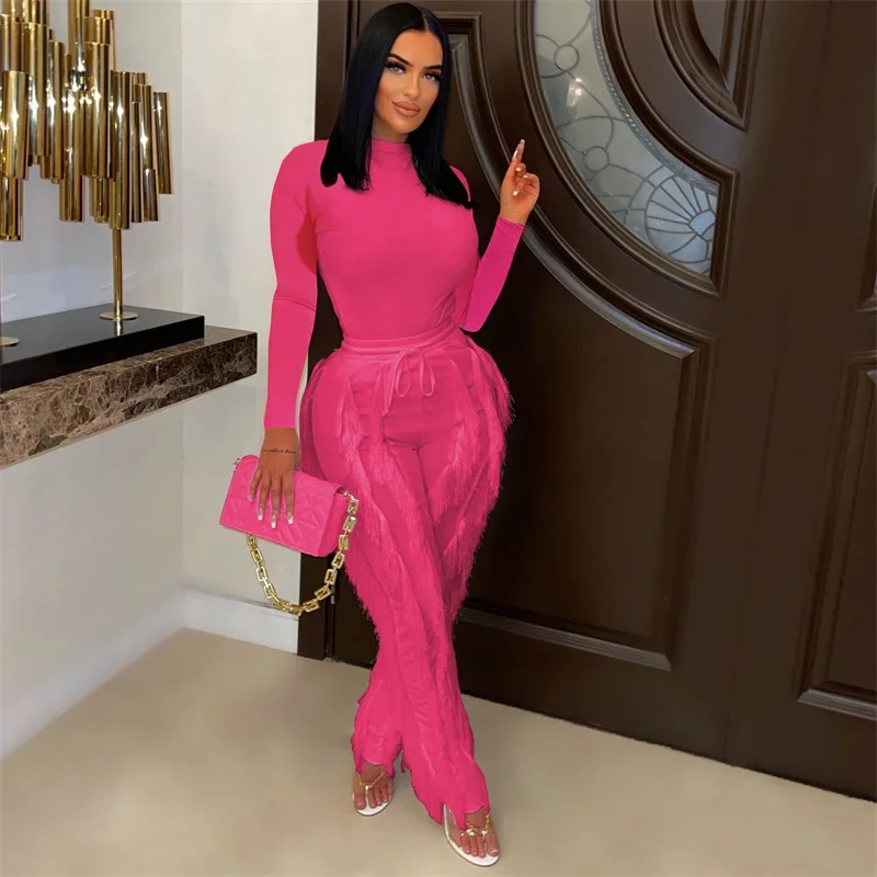 Women Skinny Long Sleeve Tops Solid Color Sports Suits Fashion Tassel Splicing Lace-up Pants Female Autumn Winter Two Piece Set