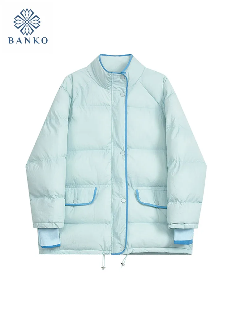 

Новый дизайн, зимняя синяя верхняя одежда, утепленный пуховик, классическое офисное модное пальто для женщин, однобортная простая уличная одежда