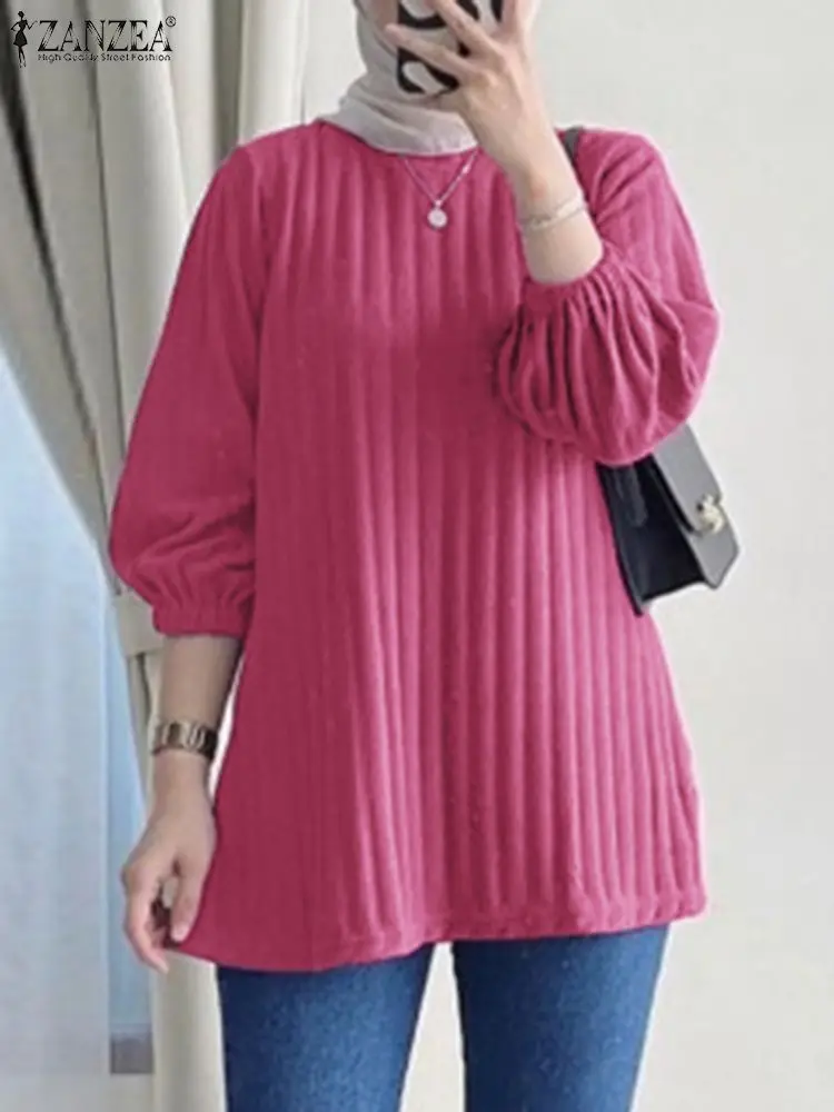 

Muslim Hijab Blouse ZANZEA Summer 3/4 Sleeve Ribbed Tops Women Elegant Work Shirt Loose Chemise Turkey Kaftan Blusas Oversize