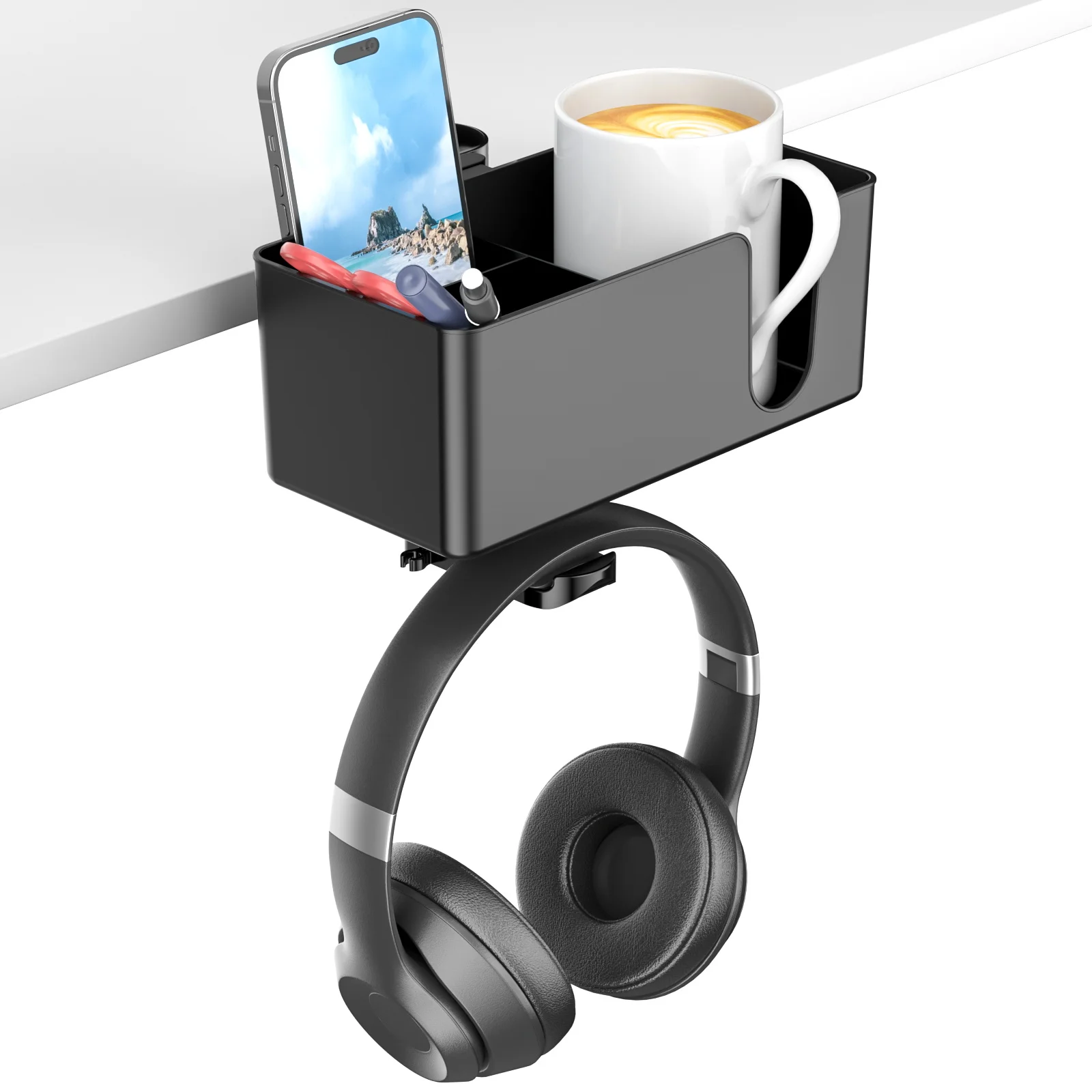 in Desk Headphone Hanger Clamp on Under Desk Cup Holder