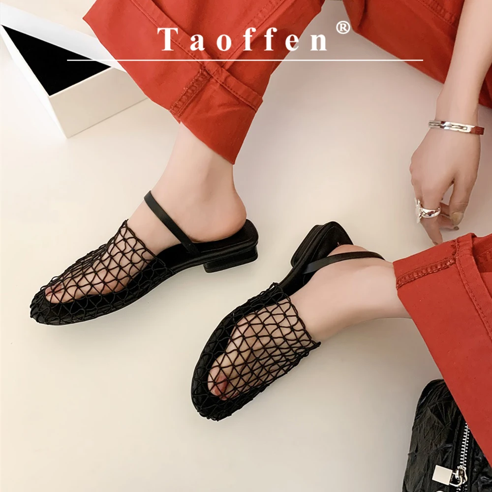 

Женские повседневные сетчатые сандалии Taoffen, летние однотонные пляжные римские сандалии ручной работы на низком каблуке, 2024