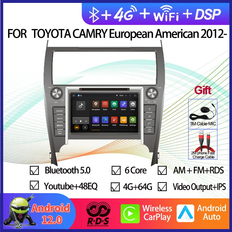 

Android 12 Автомобильный GPS-навигатор, мультимедийный DVD-плеер для Toyota Camry, европейский и американский стиль, 2012-2014, автомобильное радио, стерео