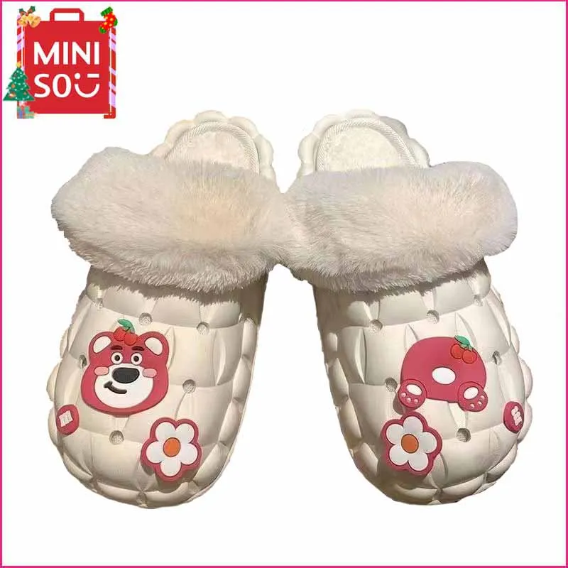 

Miniso Strawberry Bear Removable Cotton Slippers Cute Cartoon Winter Home Warm Shoe Kawaii Women Plush Slipper Christmas Present