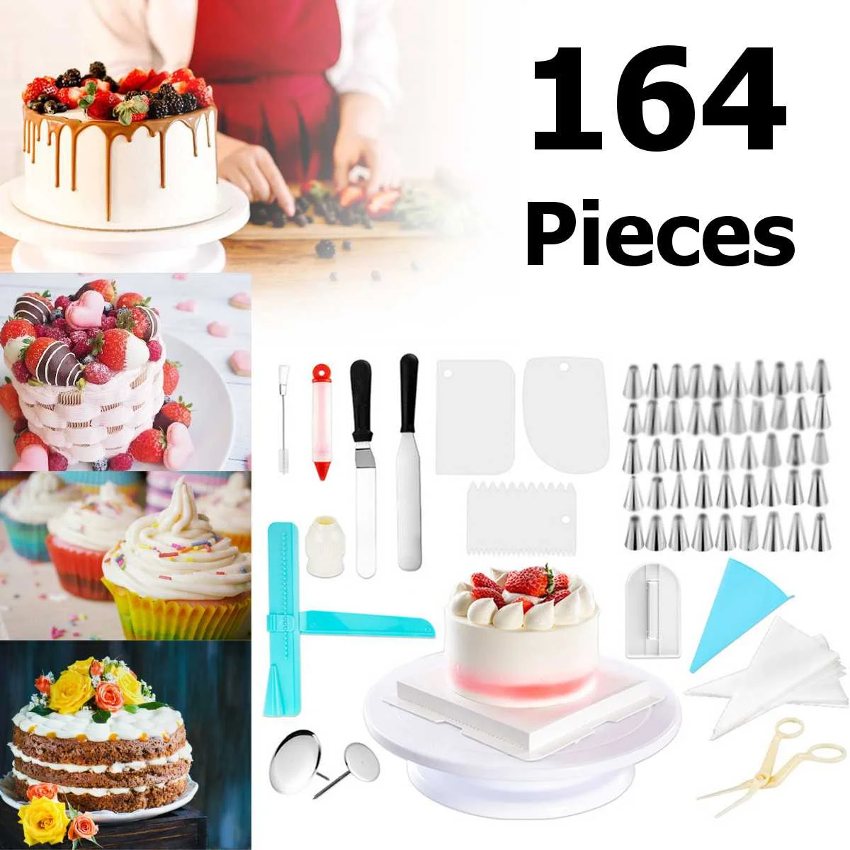 

164PCS Cake Turntable Kit Pastry Cake Decorating Supplies Set Baking Tools Accessories Rotating Stand Cream Nozzles for Beginner