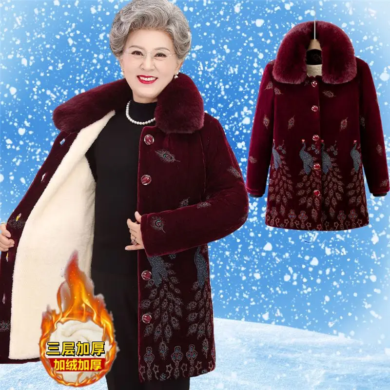 2025 Grandma's Parka Women's Long Cotton-Padded Coat Mother's Winter Velvet Padded Velvet Thickened Wool Collar Cotton Jacket