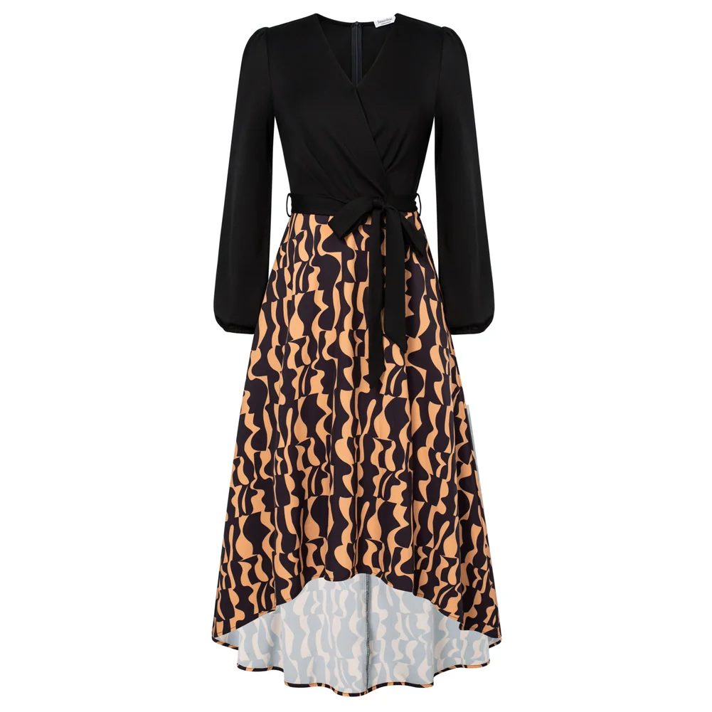 

Jasambac Dresses For Women Floral Patchwork Solid High-Lo Dress Long Sleeve High Waisted V-Neck Contrast A-Line Dress With Belt