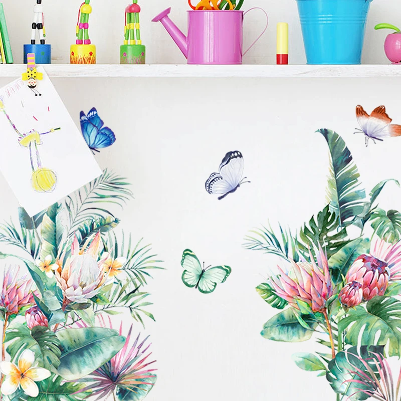 

Gorgeous Tropical Plant Leaf Flower Butterfly Wall Stickers For Store Home Decoration Diy Pastoral Mural Art Pvc Decals Posters