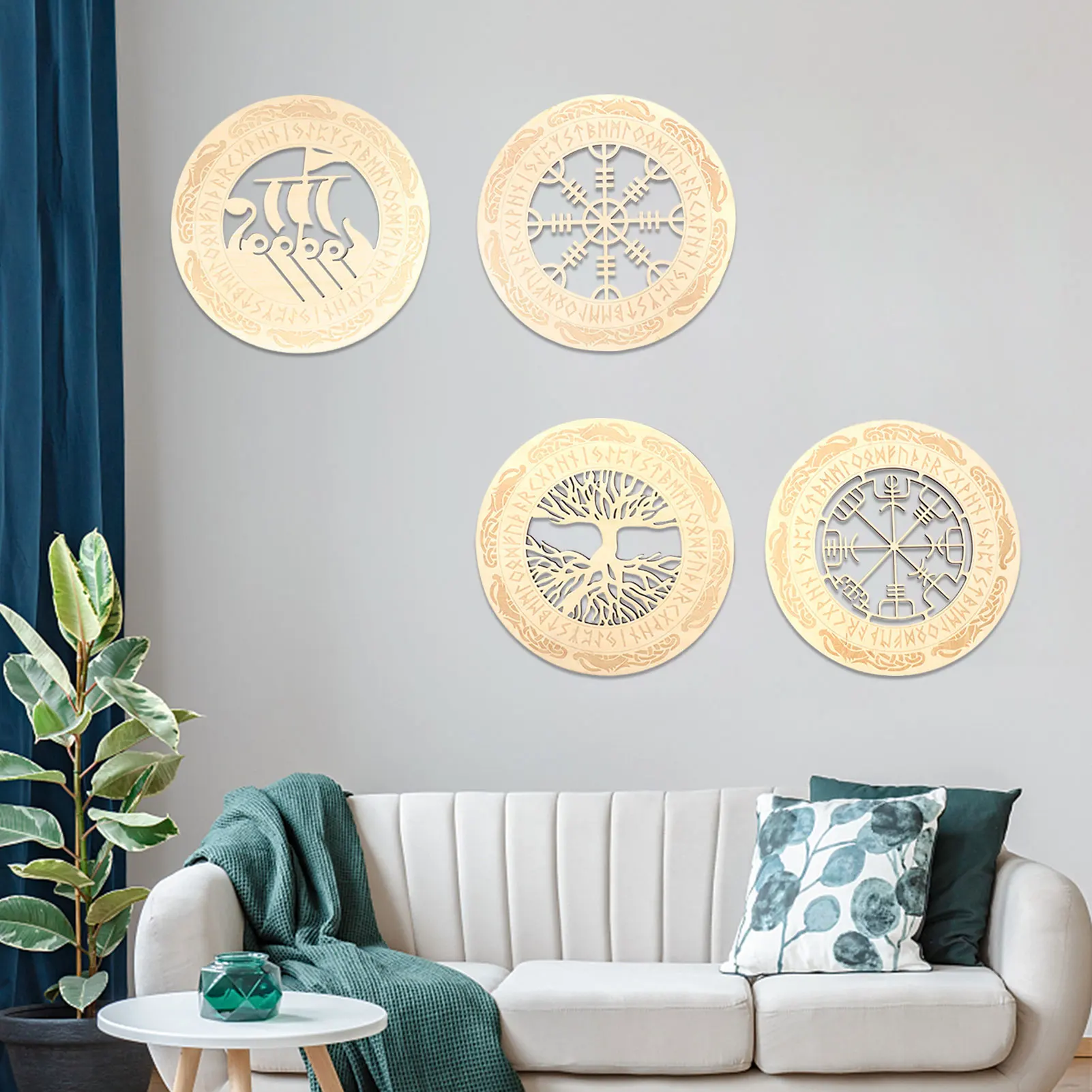 4-Pcs Round Wall Art Nordic Viking Runes Set