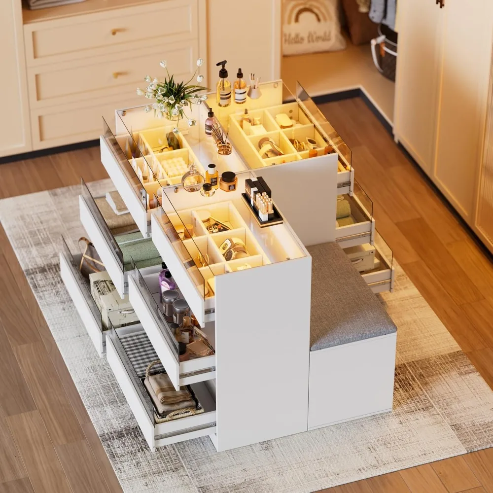 Armoire Bedroom Island, Wardrobe Closet Island Dresser with Glass Showcase, Charging & 3 Color LED Light, Island Dresser 6