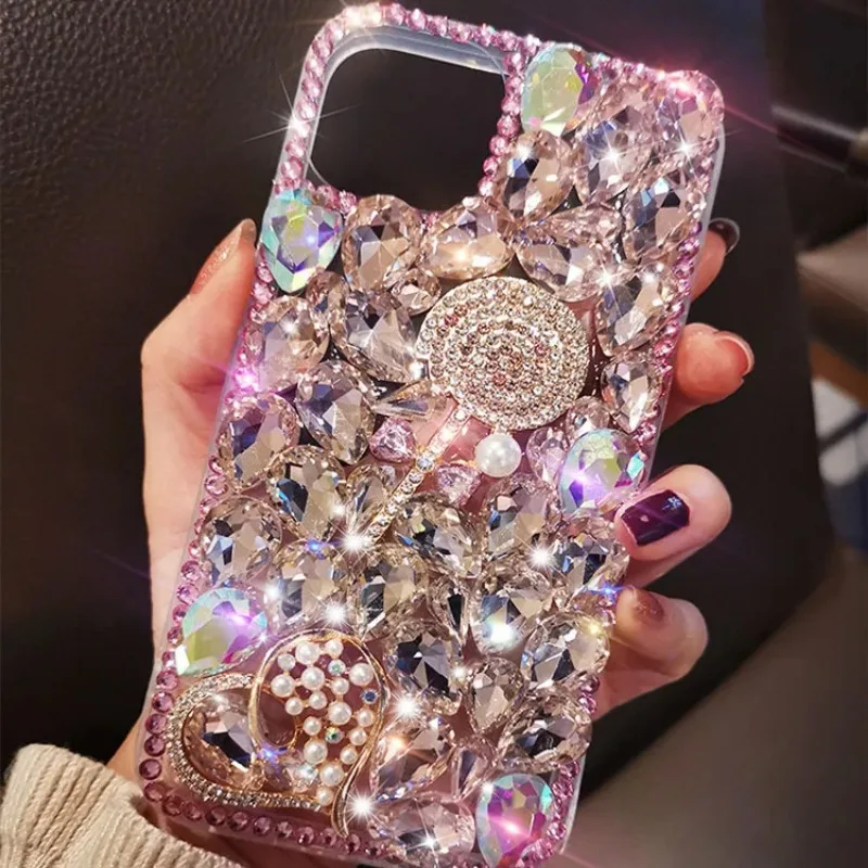 Diamond Bling Flowers Rhinestone Cases for iPhone, Phone Shell for iPhone 14 Pro, 15 Pro Max, Mobile Back Cover, Lollipop