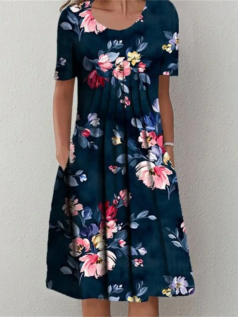 

Summer Floral Printed Dress Robe Mujer Short Sleeve O-Neck Long Maxi Dress Beach Loose Casual Women Dresses