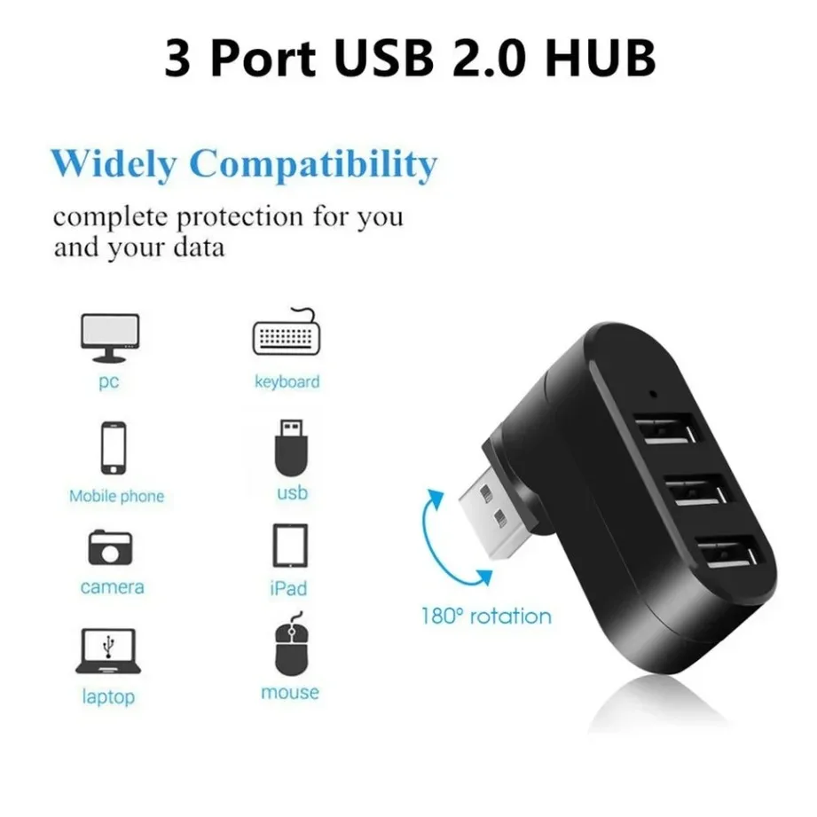 Rotatable 3-Port USB 2.0 Hub Adapter for Computers and Laptops