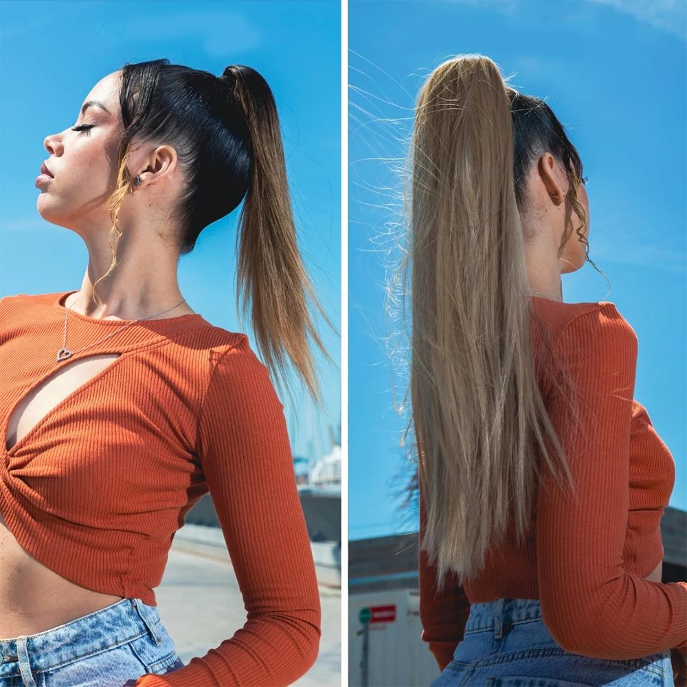 Synthesis 34" Wrap Around Hair Extensions Long Straight Ponytail Hair Heat Resistant Clip in Drawstring Ponytail Hairpieces