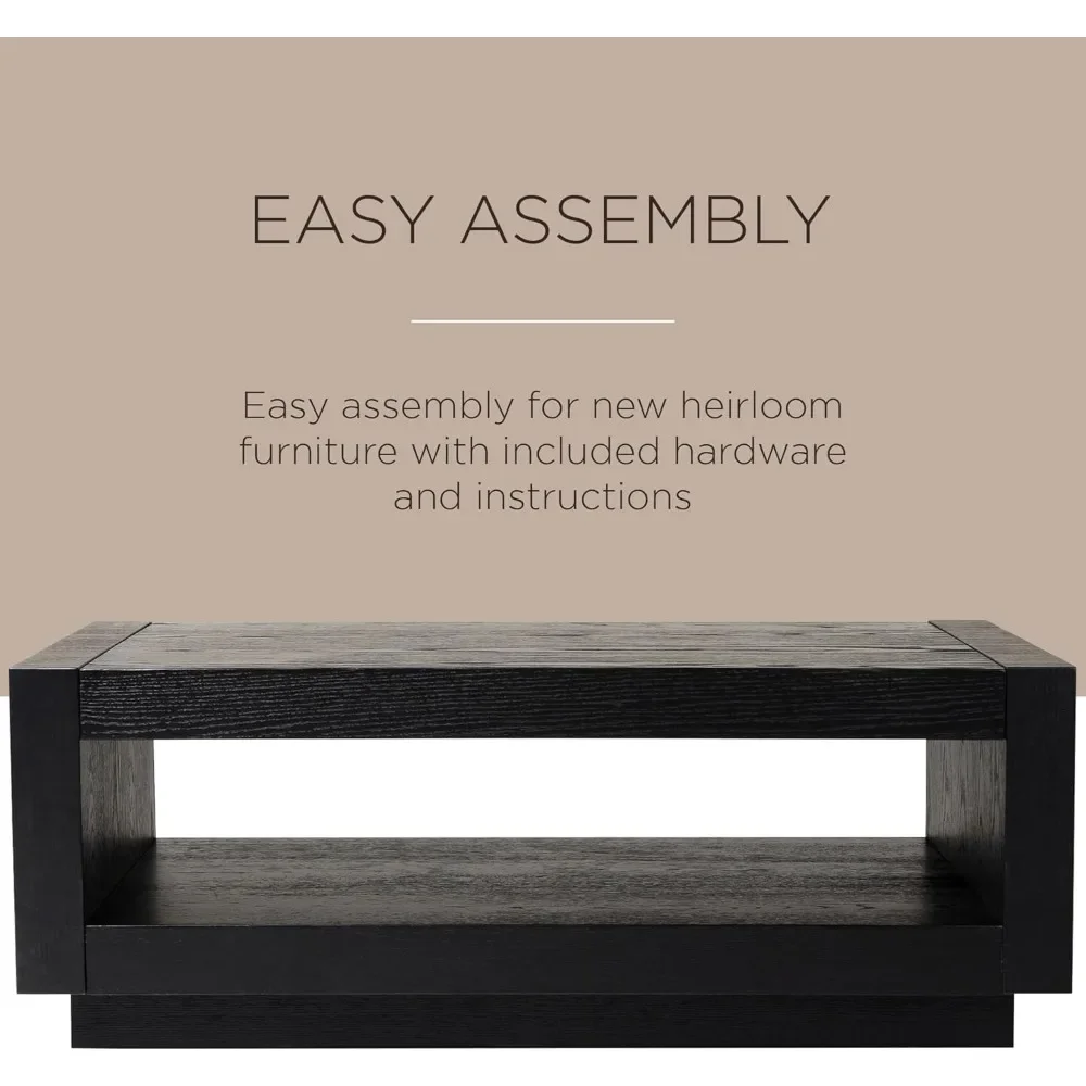 Large 2 Tier Contemporary Rectangle Wooden Center Coffee Table with Shelf Storage for Living Room in Refined Black Finish 5