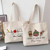 Personalized Tote Bag Custom Name Canvas Shoulder Bags Teacher Life Shopping Bag Female Travel Handbags Best Gift for Teachers 1