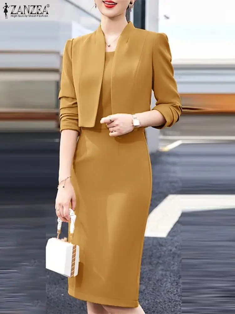 우아한 용수철 OL 작업 원피스 세트, 여성 의상, 긴팔 블레이저, 선드레스, ZANZEA 패션 매칭 세트, 운동복, 2 개 