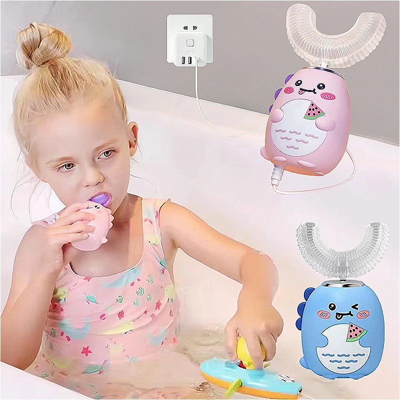 Children U-shaped Electric Toothbrush 360 Degrees Smart Cartoon Kids Silicone Toothbrush Automatic Rechargeable Sonic