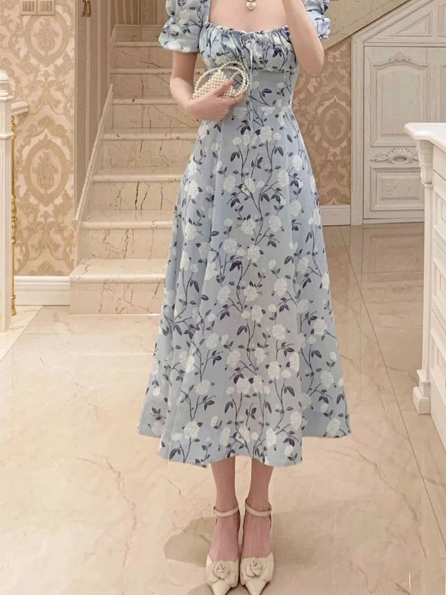 Short Sleeve Dresses A-line Chiffon Midi Floral Print Gentle