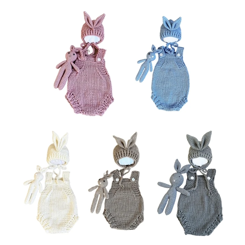 

Newborn Photography Clothes Rabbit Costume Photo Props Crochet Baby Hat Romper