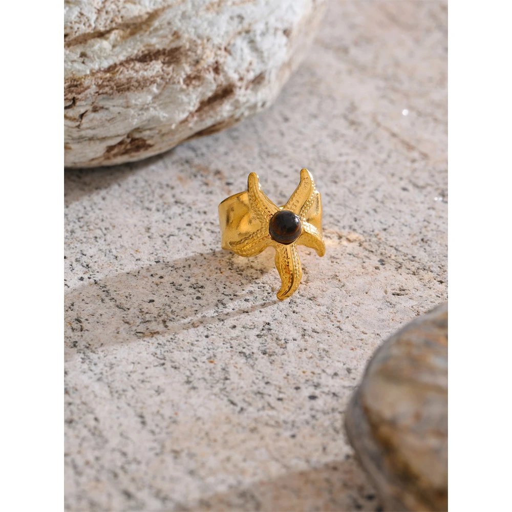Yhpup Size 7 Ocean Style Stainless Steel Natural Tiger Stone Starfish Open Ring