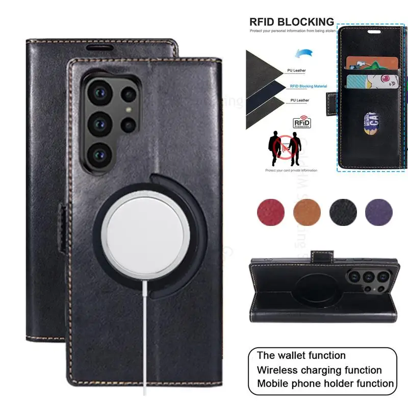 For Samsung S24 Ultra For Magsafe Leather Phone Case Funda For Galaxy S23 S22 S21 Plus Note 20 Ultra Magnetic Flip Wallet Cover