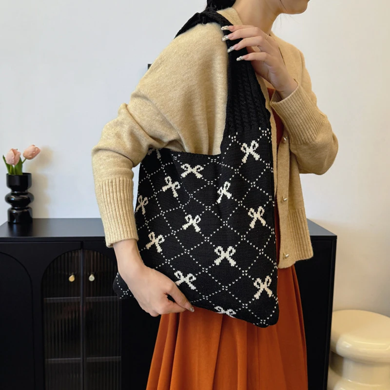 Women's Bow Knitted Eco Bag Korean Foldable Crochet Rope Shoulder Sweet Knitting Handbag Ins Tote Bag Shopper