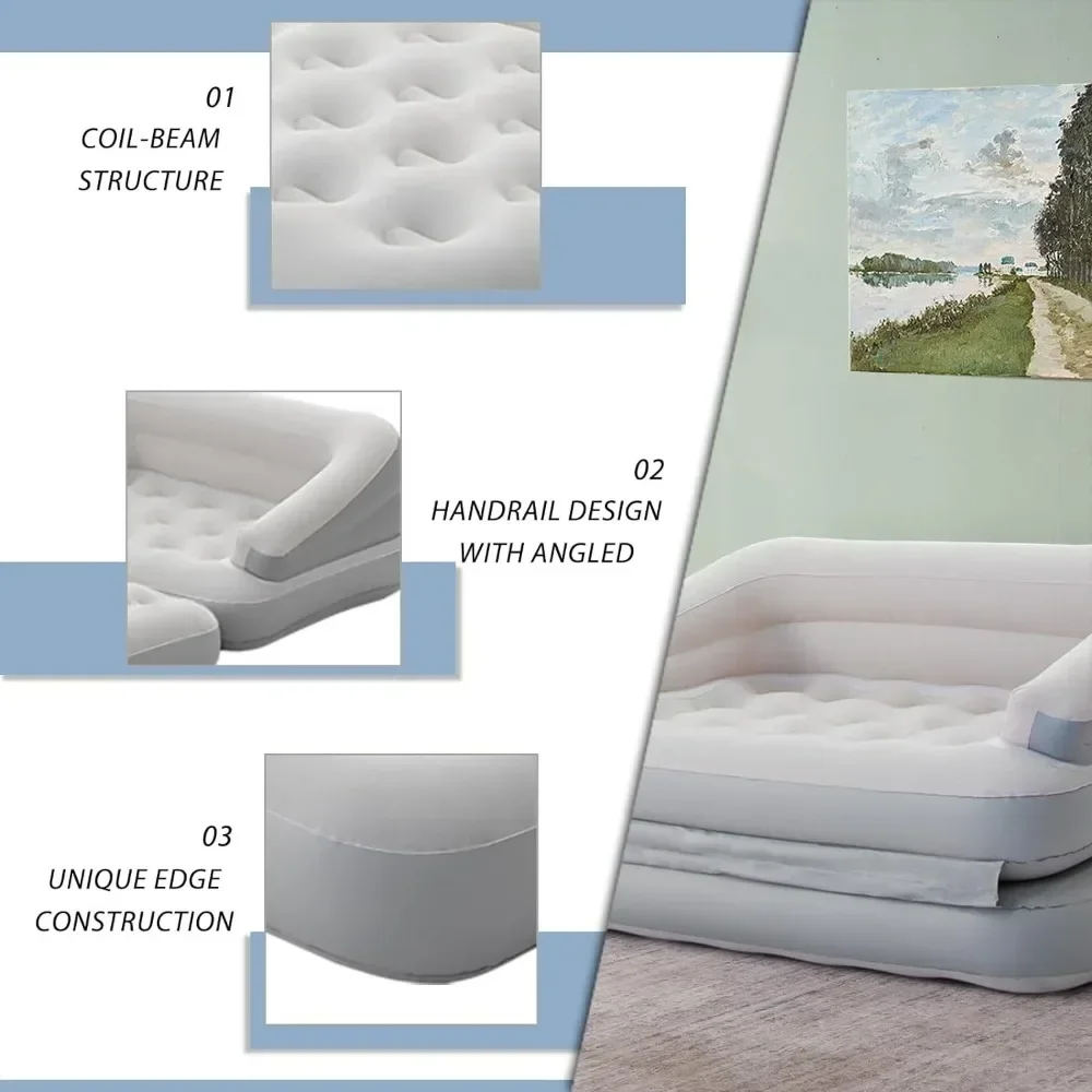Inflatable Sofa Bed for Camping Pool Float Couch Outdoor Flocked Mattress Bed with Armrest Full Size