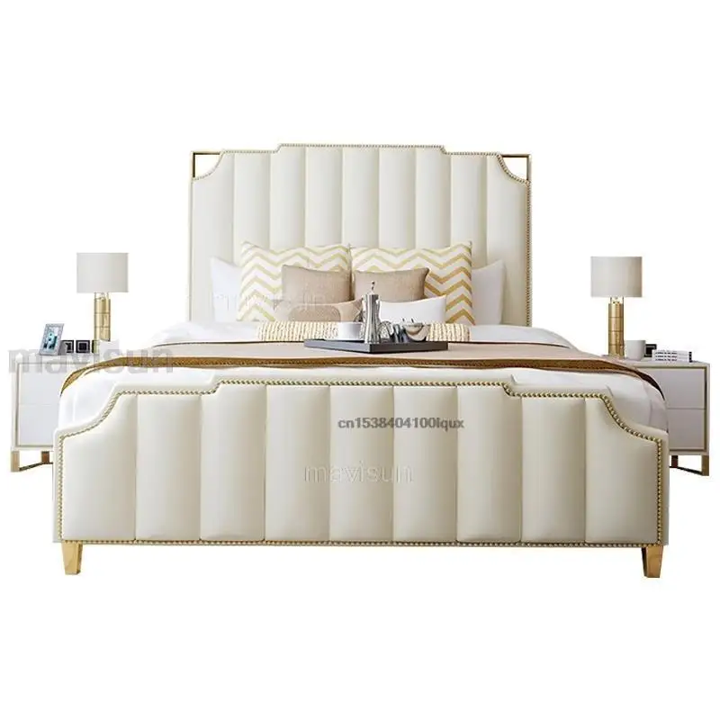 Leather Bed Wooden Bed Light Luxury Double Bed For Bedroom High-end Furniture For Villa With Storage White Leather King Size Bed With 2 Nightstands