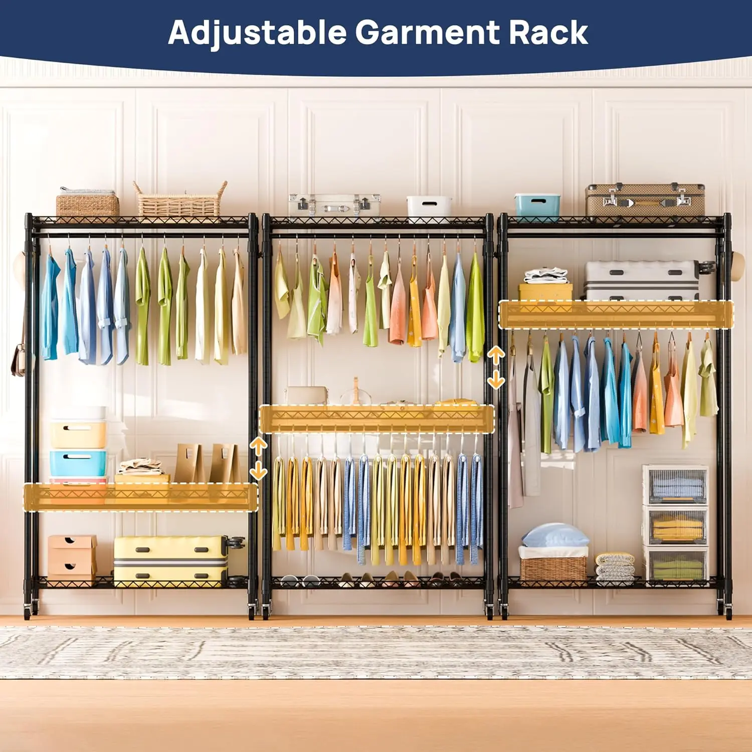 Heavy Duty Metal Clothes Rack with Lockable Wheels, 3-Tier Adjustable Garment Clothing Rack for Hanging Clothes, Wardrobe