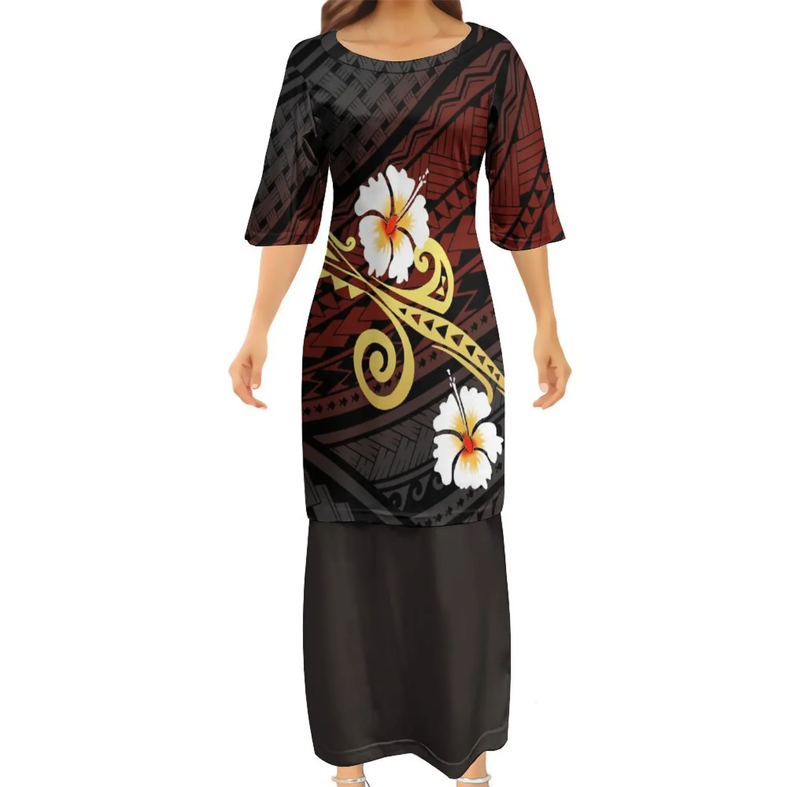 

2024 Summer New Design Women'S Mid-Sleeve Dress Polynesian Tribe Custom Hd Print Puletasi Top And Skirt Two-Piece Set