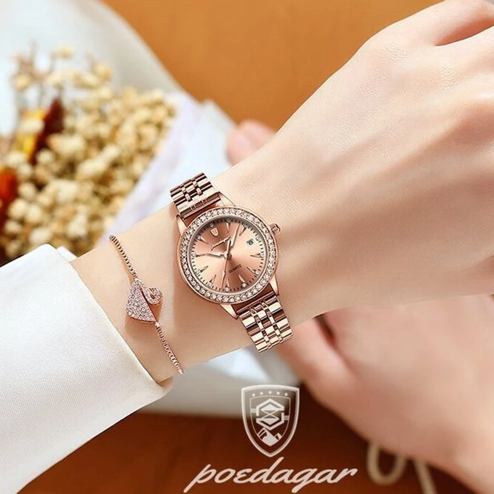 POEDAGAR Women's Watches Elegant Fashion Original Quartz Watch for Girl Diamond Bezel Waterproof Stainless Steel Luminous Date 4