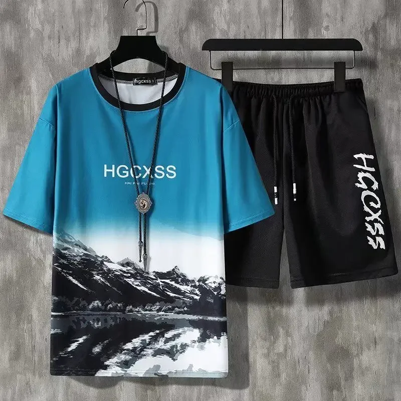 thumbnail image 1 of Camisetas y pantalones cortos deportivos para gimnasio, trajes para hombre, ropa de verano de gran tamaño de color caqui, conjunto moderno de 2 piezas, conjuntos para hombre, moda barata 5xl 2024, 1 of 5