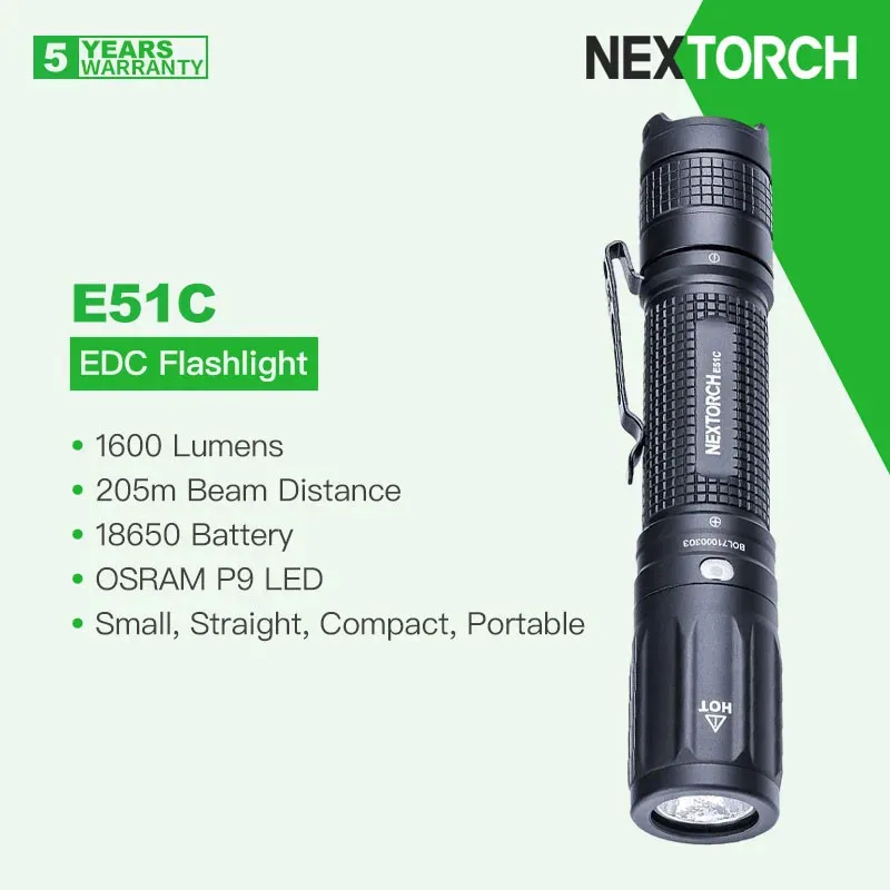 Nextorch E51C Torcia Edc Diritta Ricaricabile, Osram P9 Led 1600 Lumen, Batteria 18650, Ipx8 Impermeabile Per Campeggio, Escursionismo