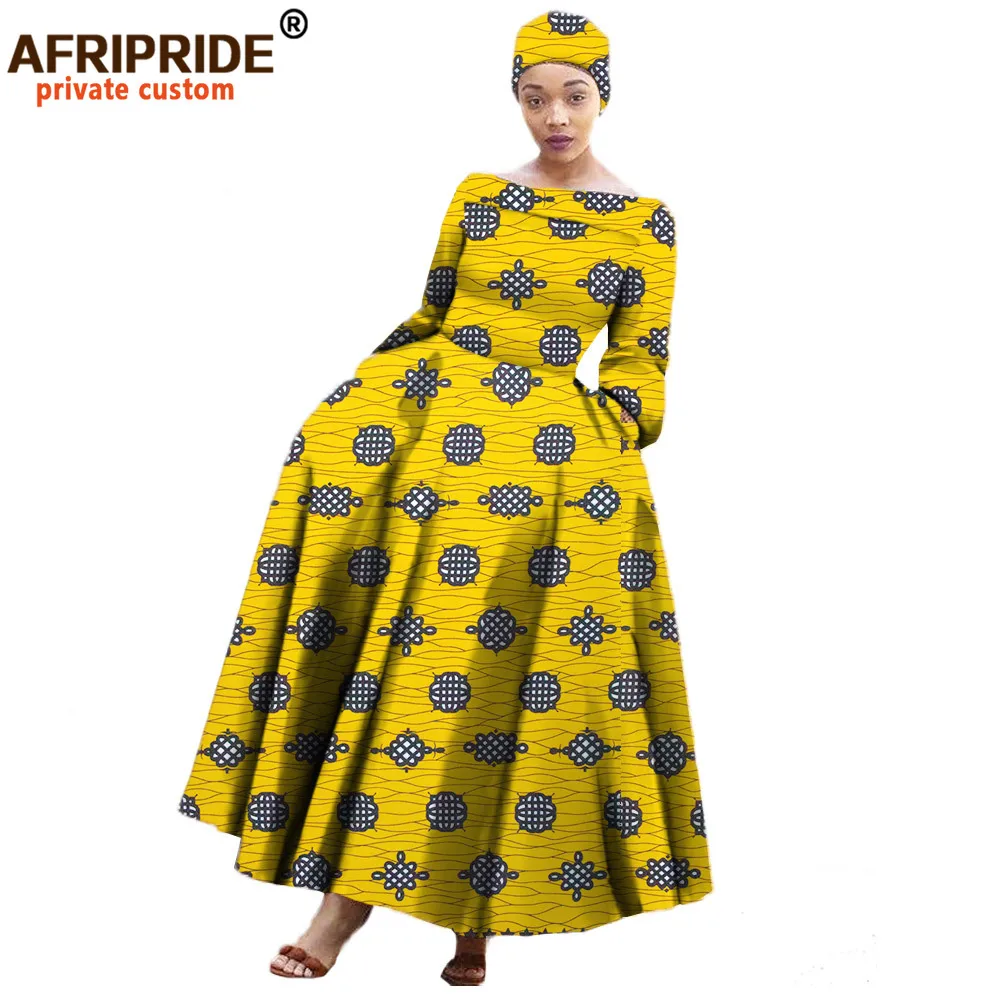African Maxi Dress for Women Long-sleeves Ankle-length Party Long Dress Plus Size with Small Headscarf