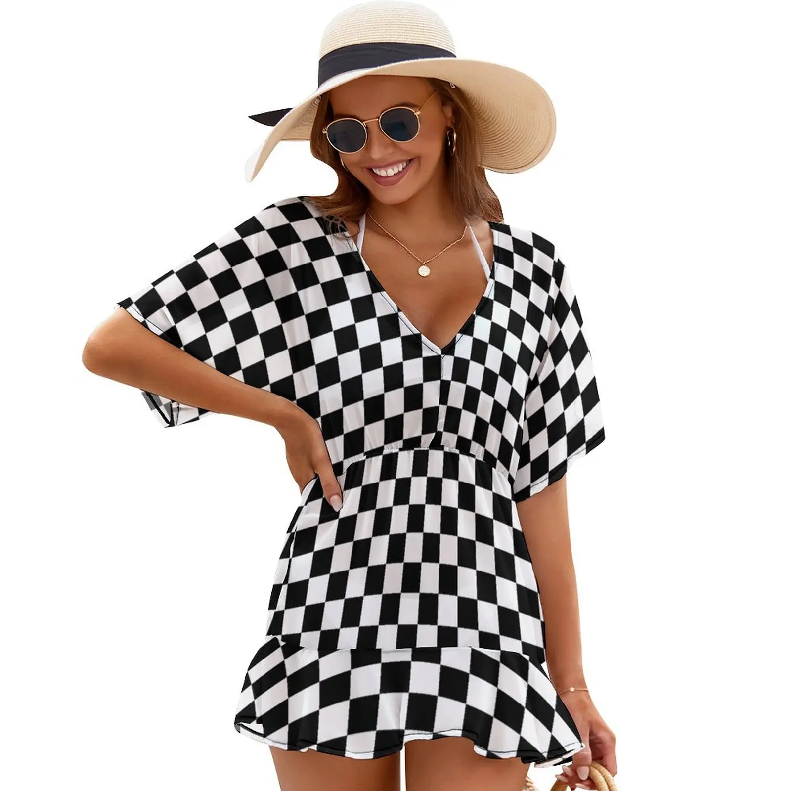 

black white checkered Cover Ups dresses for woman 2024 long dress women Women dresses summer