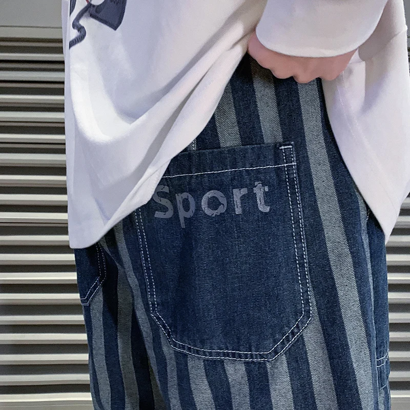 Men's Blue Striped Baggy Jeans 2022 Spring New Korean Fashion Y2k Style Denim Straight Wide Leg Pants Male Branded Trousers
