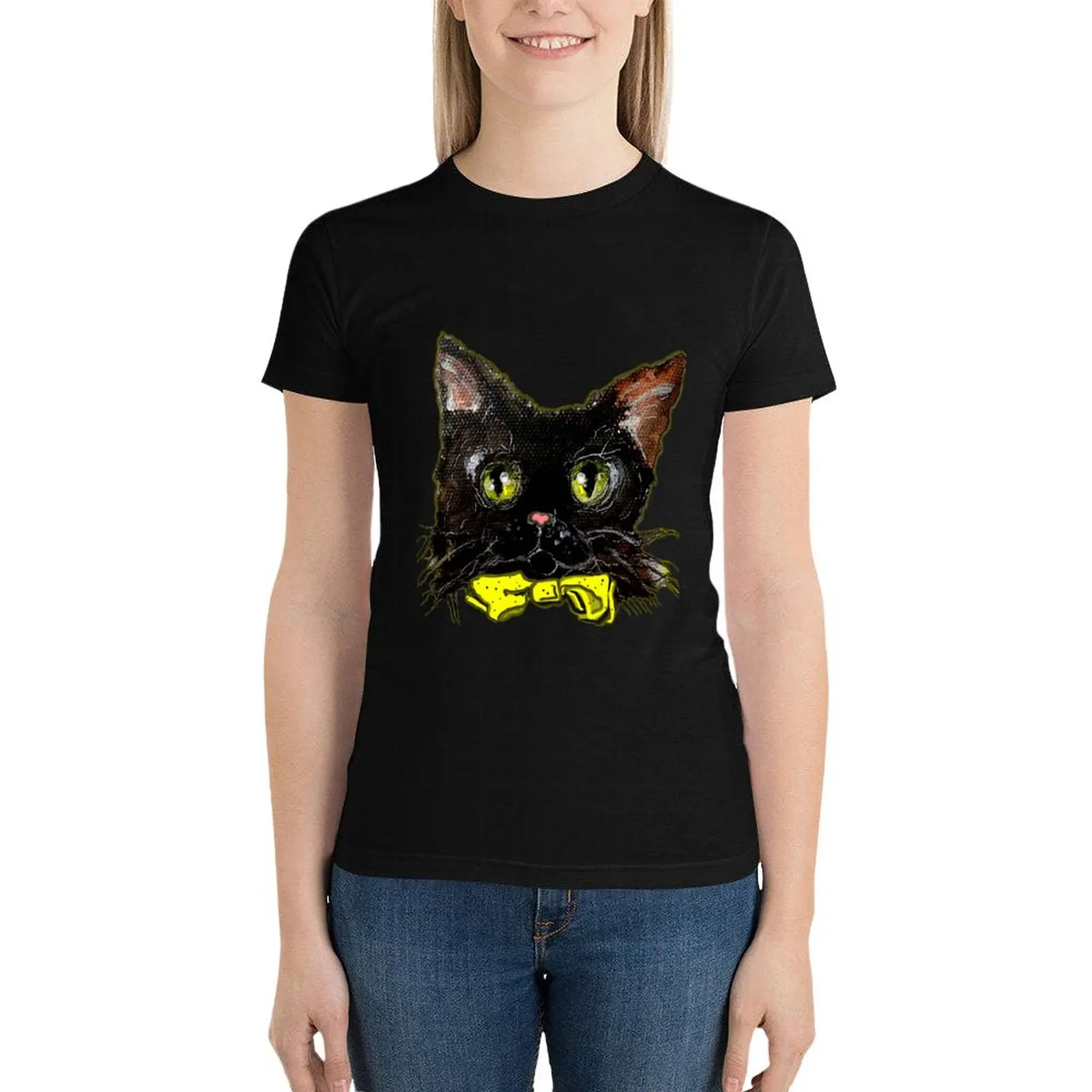 

Black Catoman T-Shirt animal print shirt for girls oversized anime clothes korean fashion Women clothing