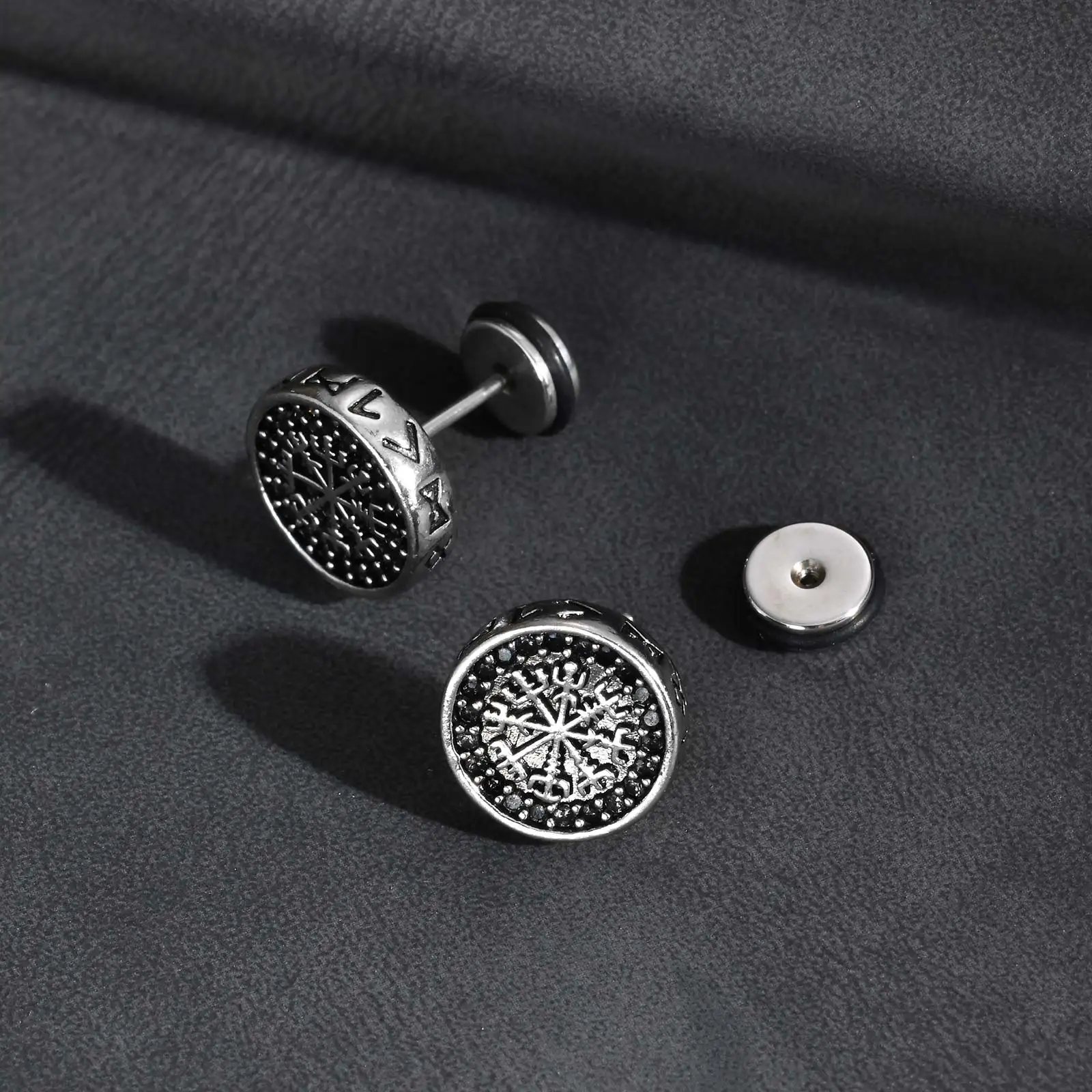 Vintage Gothic Norse Viking Stud Earrings for Men Boys, Rock Punk Runes Round Earrings, Fashion Piercing Jewelry Gift image 4