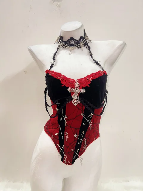 Red Lace Halter Neck Bodysuit 4