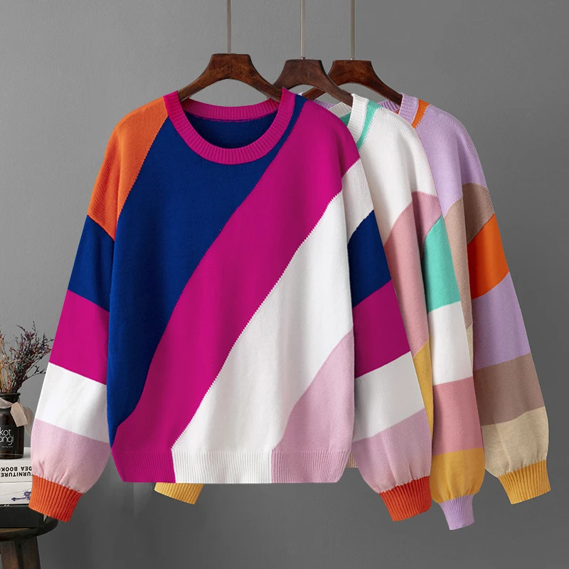 

Fashion Oversized Stripe Stitching Pullovers Women Sweater Tops Autumn Winter Warm Ladys Pullover Knit Women Sweater Jumper
