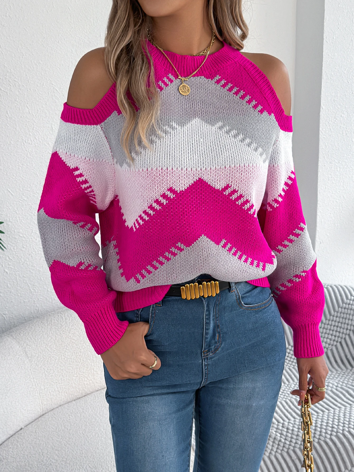 Women Autumn Winter Striped Sweater Casual Off Shoulder