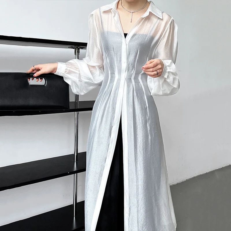

2023 Summer New Women's Blouse and Shirt Mid Length Over Knee Korean Stylish Design Thin Puff Sleeve Cardigan Transparent 5722